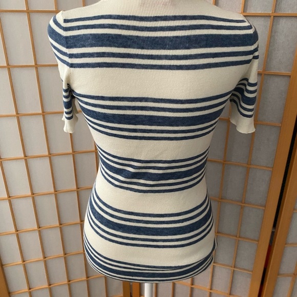 **PRADA** Navy Blue White Stripe T-shirt Blouse Size 40 Small Button Pockets - Picture 7 of 9